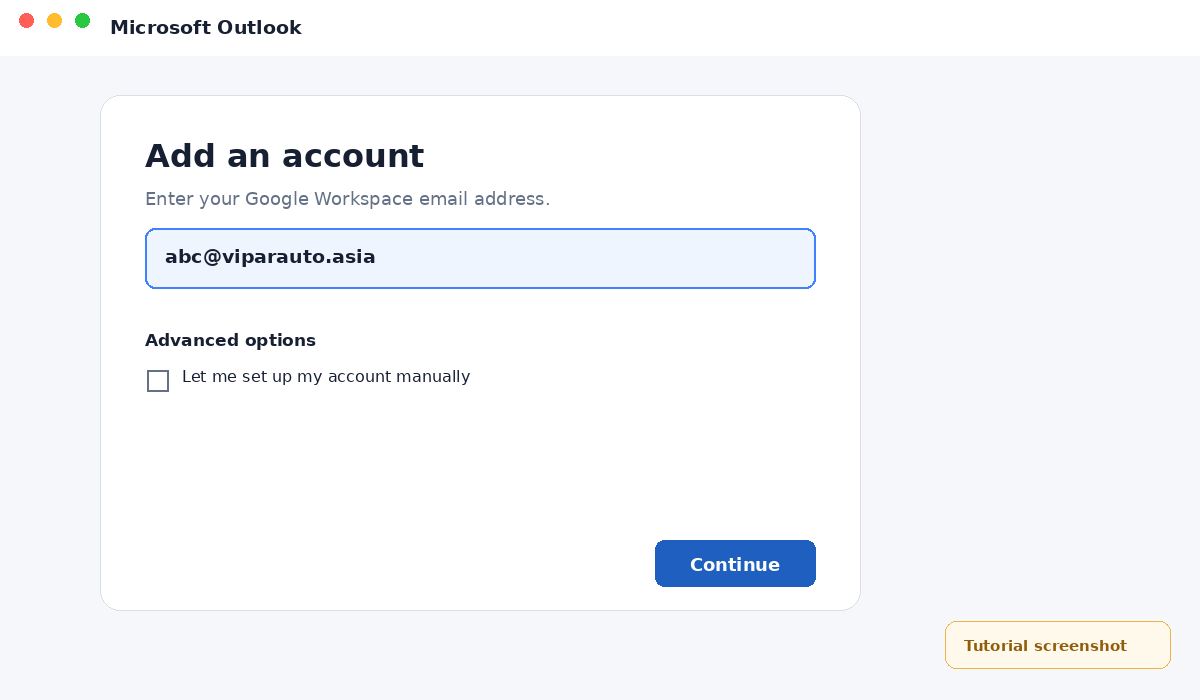 Outlook account email screen showing abc@viparauto.asia